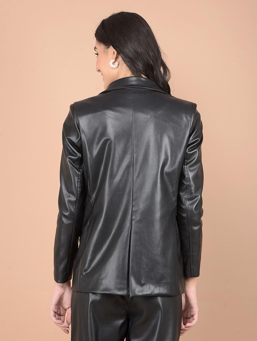 women solid long sleeve leather coat - 21713444 - Standard Image - 2