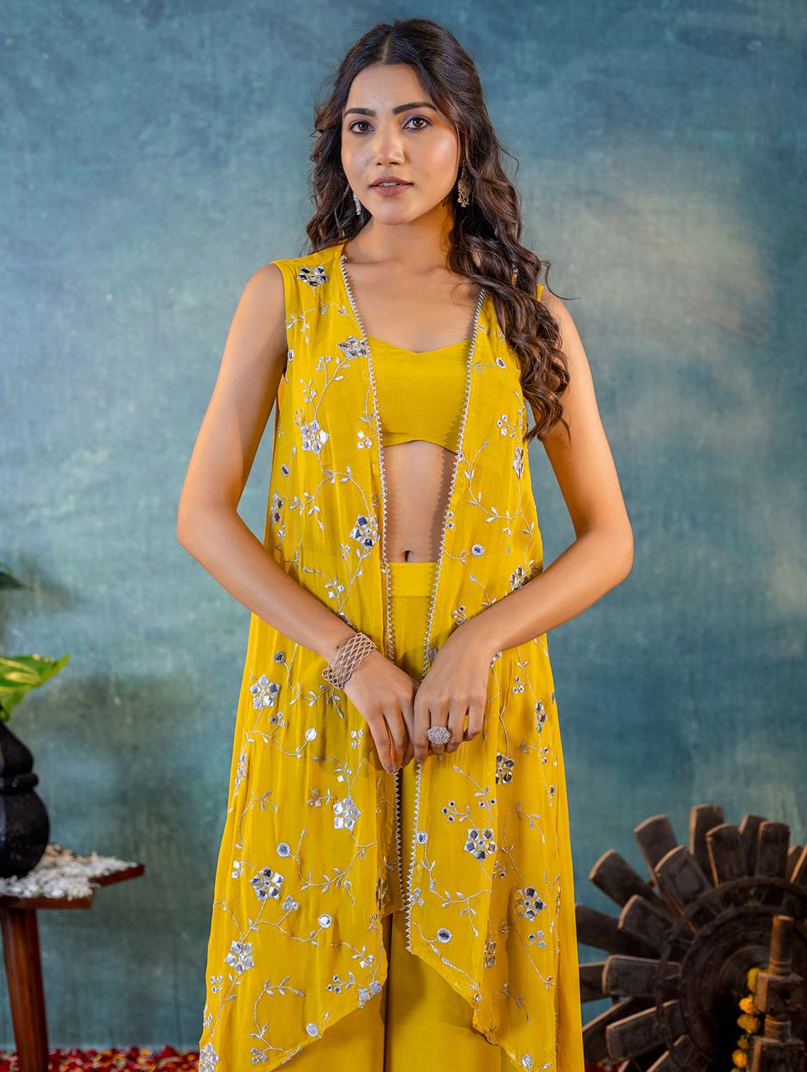 Women Mustard Mirror Work Fusion Set