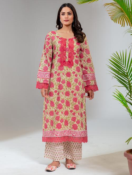 women floral three quarter sleeve straight kurta - 21713462 - Standard Image - 0