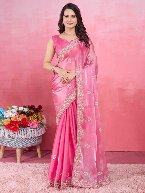 women pink embroidered saree with blouse - 21713581 -  Standard Image - 0