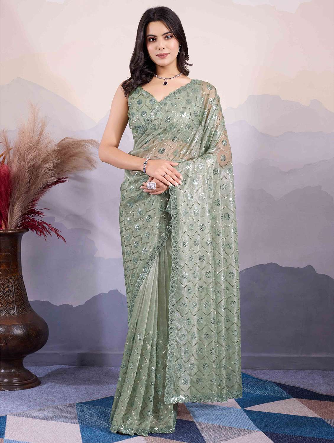 women sequin work embellished saree with blouse - 21713585 -  Zoom Image - 0