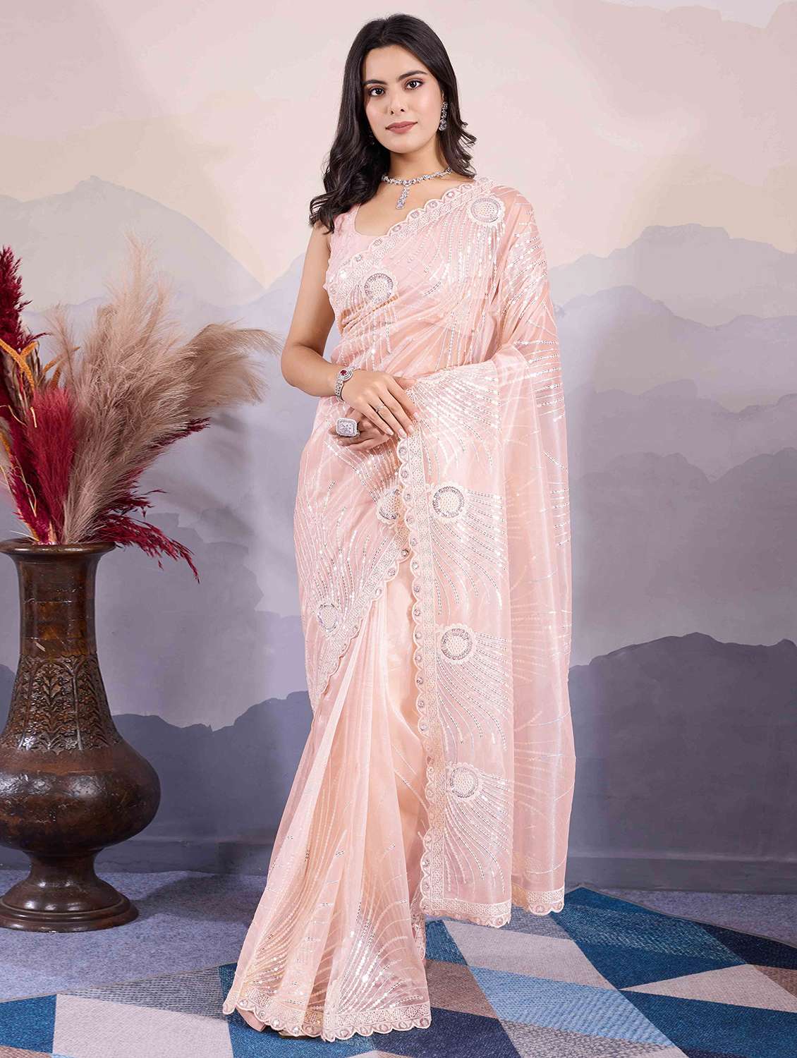 women sequin work embroidered saree with blouse