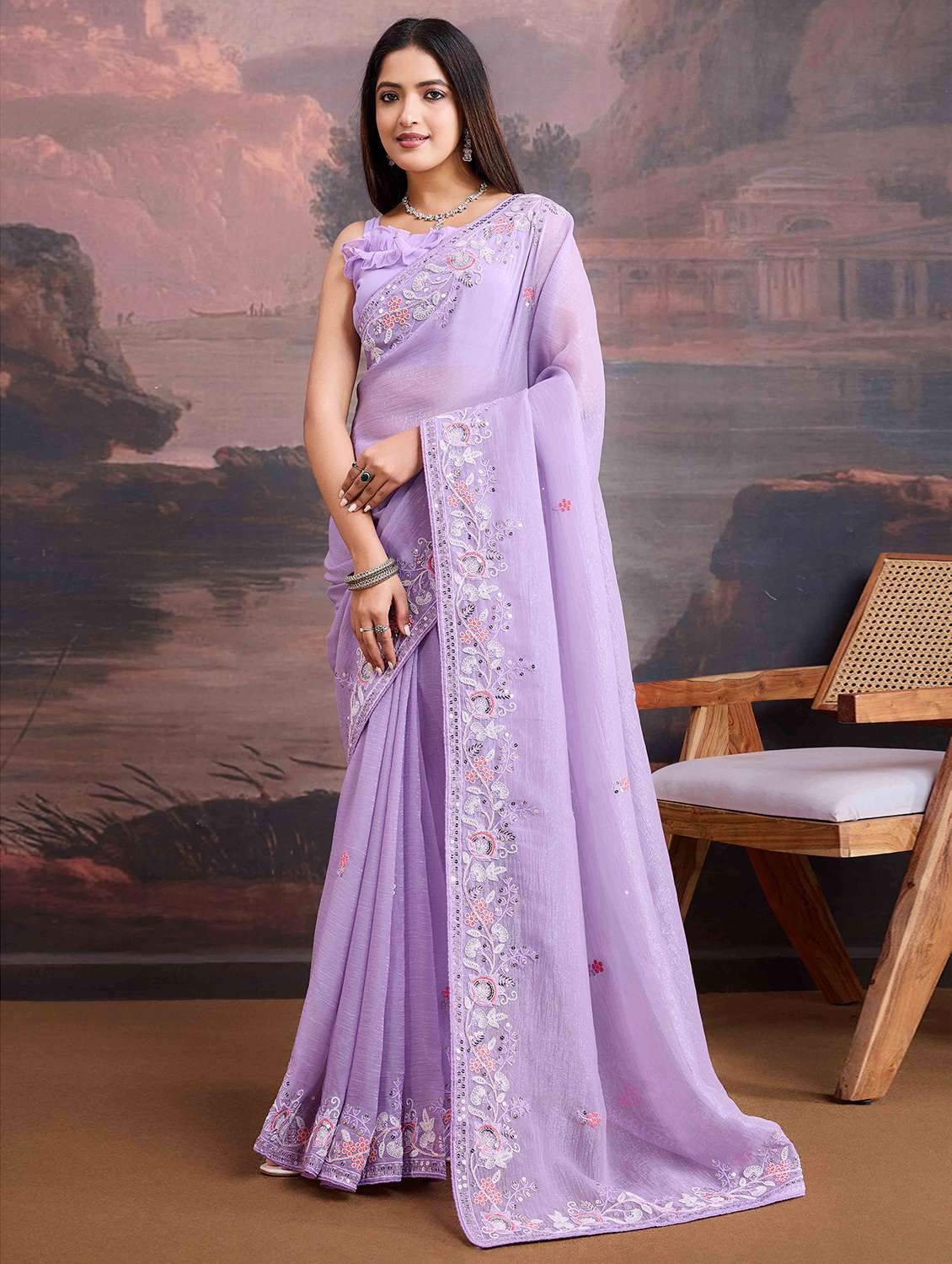 women lavender embroidered saree with blouse