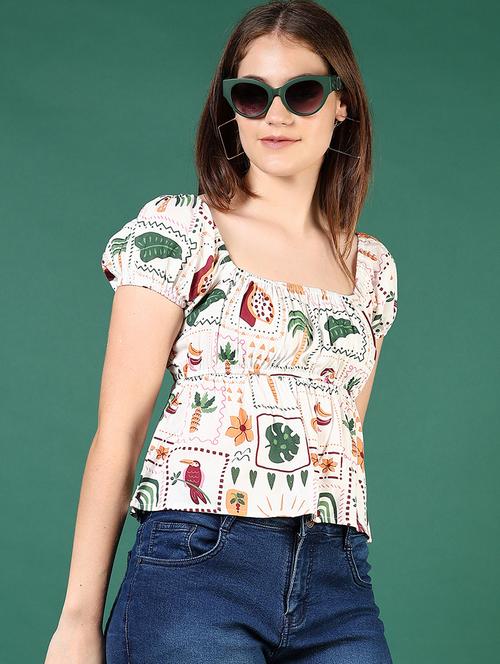 women printed puff sleeves peplum top - 21713888 - Standard Image - 0