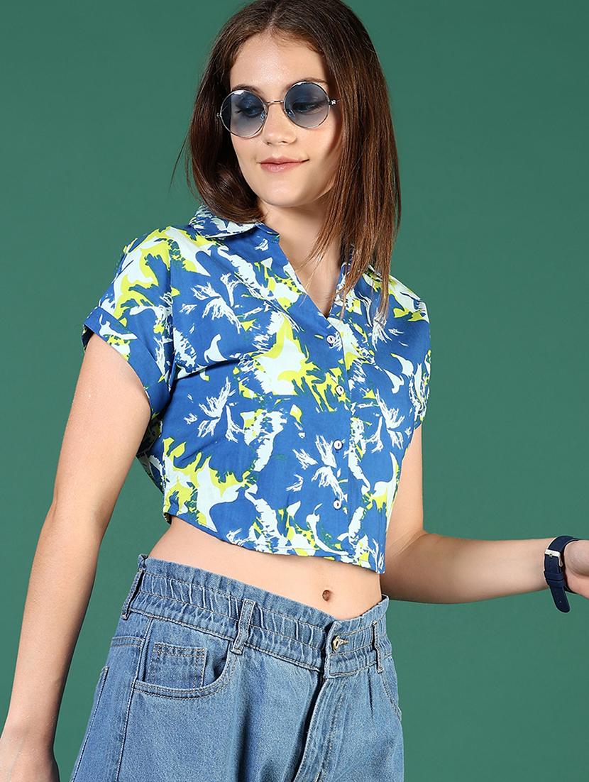 women blue printed short sleeve crop shirt - 21713896 -  Zoom Image - 0