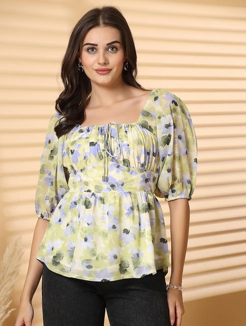 women printed puff sleeves peplum top - 21714138 - Standard Image - 0