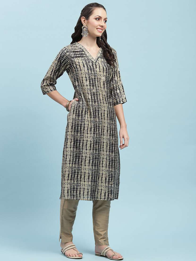 women printed three quarter sleeves straight kurta - 21714235 -  Standard Image - 2