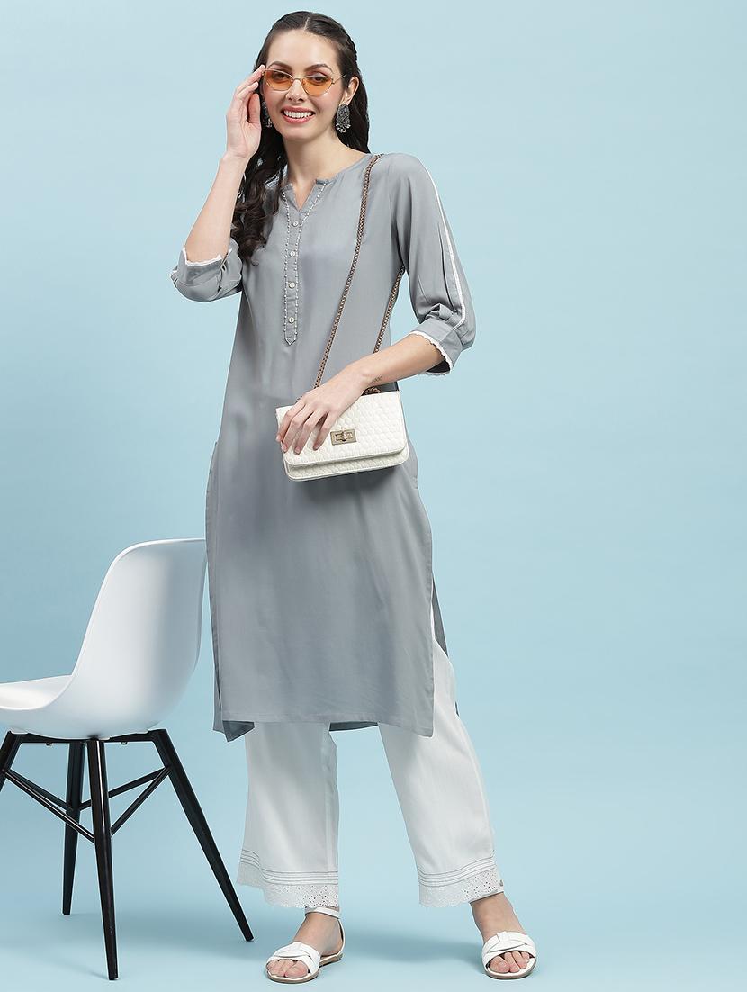 women solid three quarter sleeve straight kurta - 21714248 - Zoom Image - 0