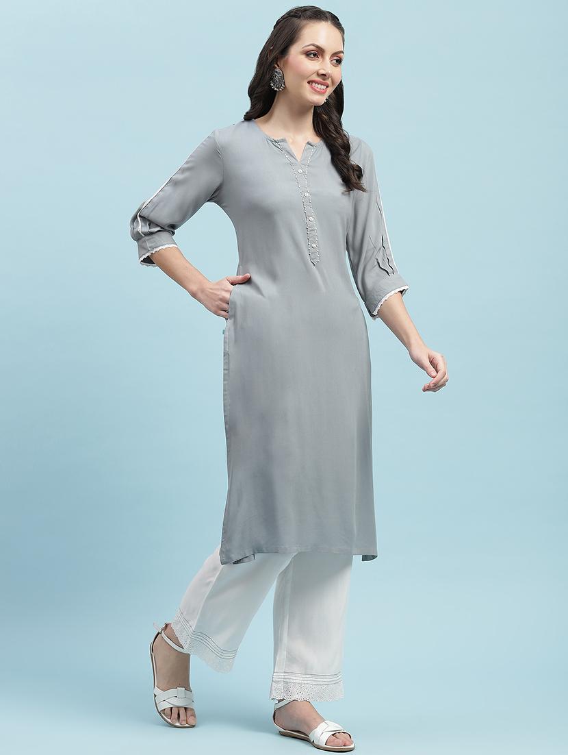 women solid three quarter sleeve straight kurta - 21714248 - Standard Image - 2