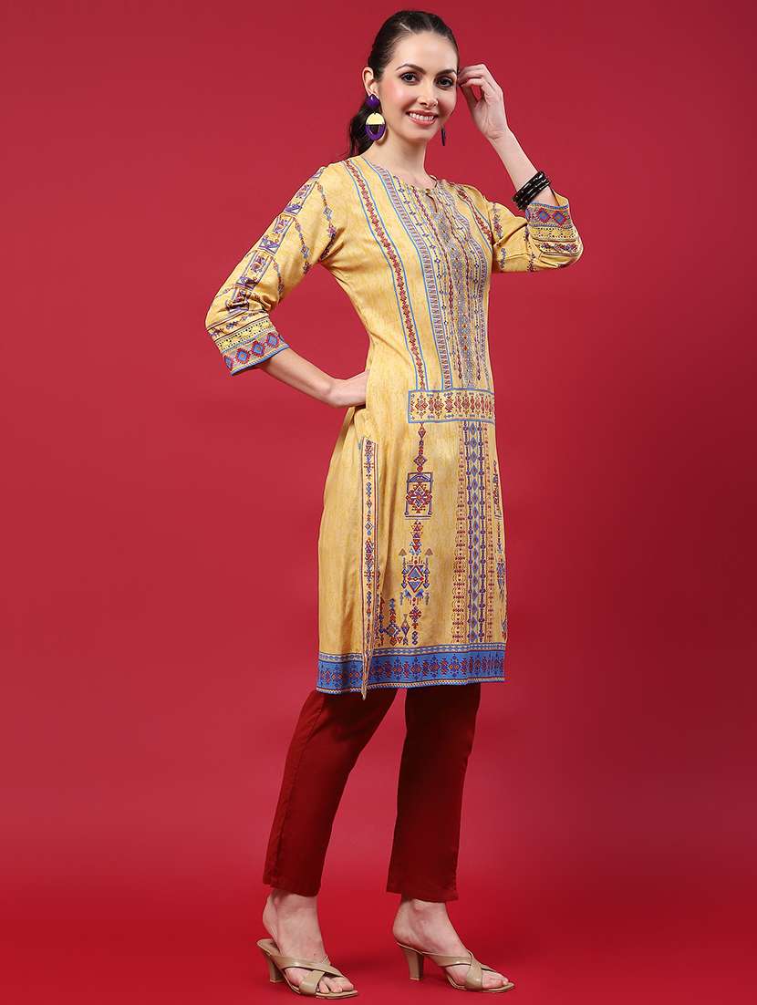 women printed three quarter sleeve straight kurta - 21714249 -  Standard Image - 2