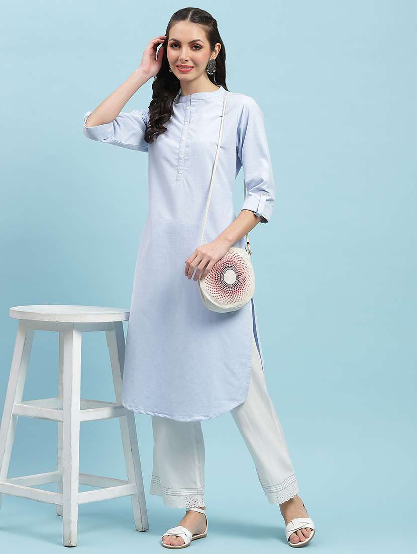 women solid three quarter sleeve straight kurta
