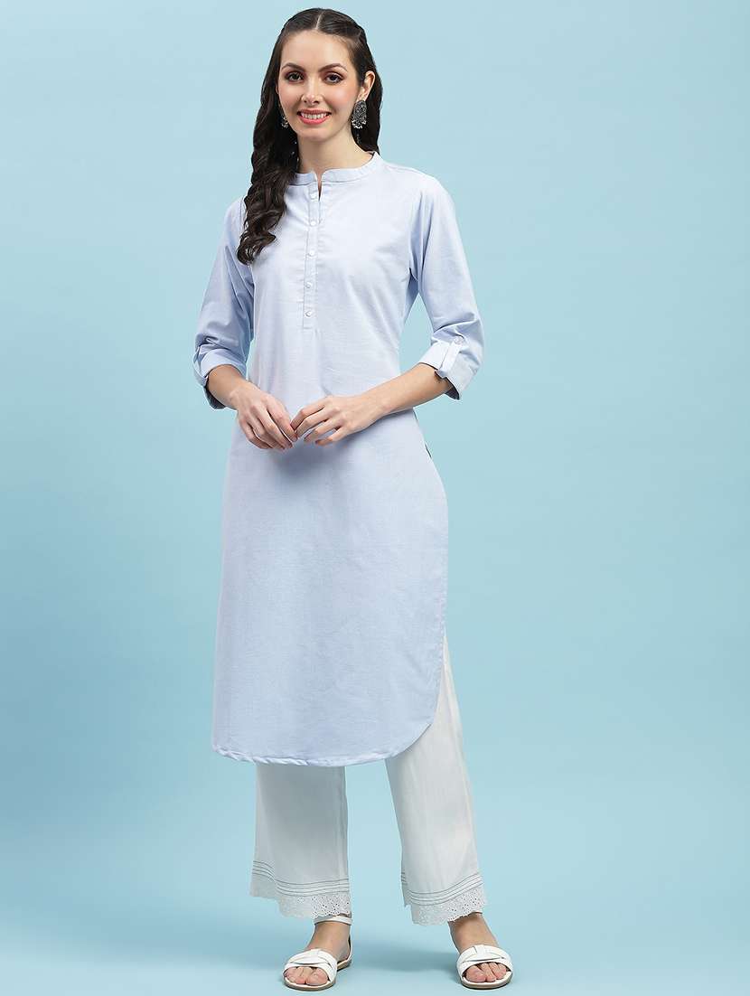 women solid three quarter sleeve straight kurta - 21714251 - Standard Image - 2