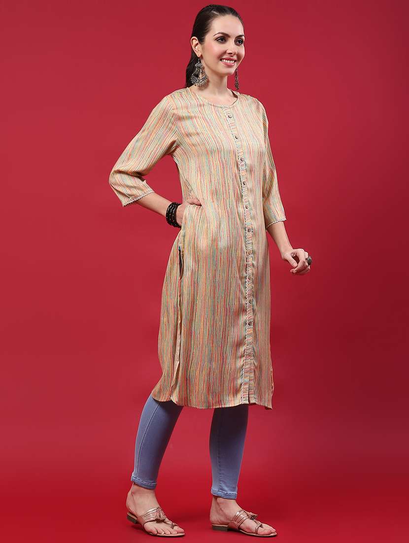 women printed three quarter sleeve straight kurta - 21714260 - Standard Image - 2