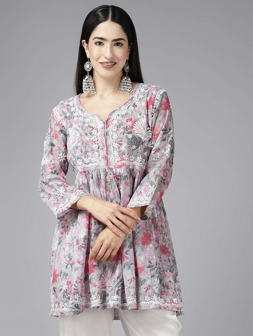 women notch neck chikankari flared kurti