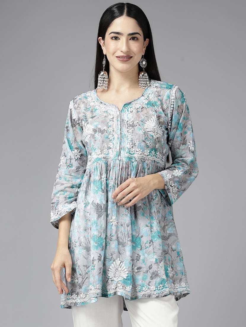 women notch neck chikankari flared kurti