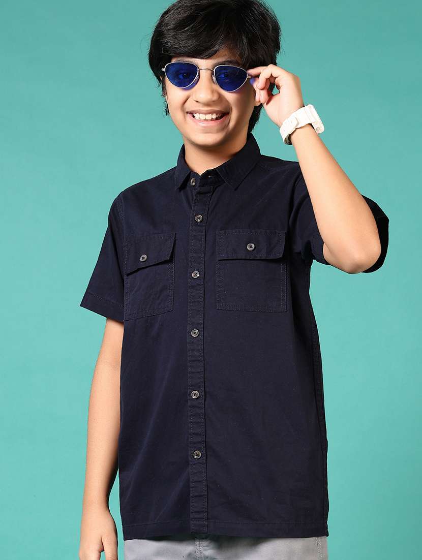 boys navy blue solid collared short sleeve shirt