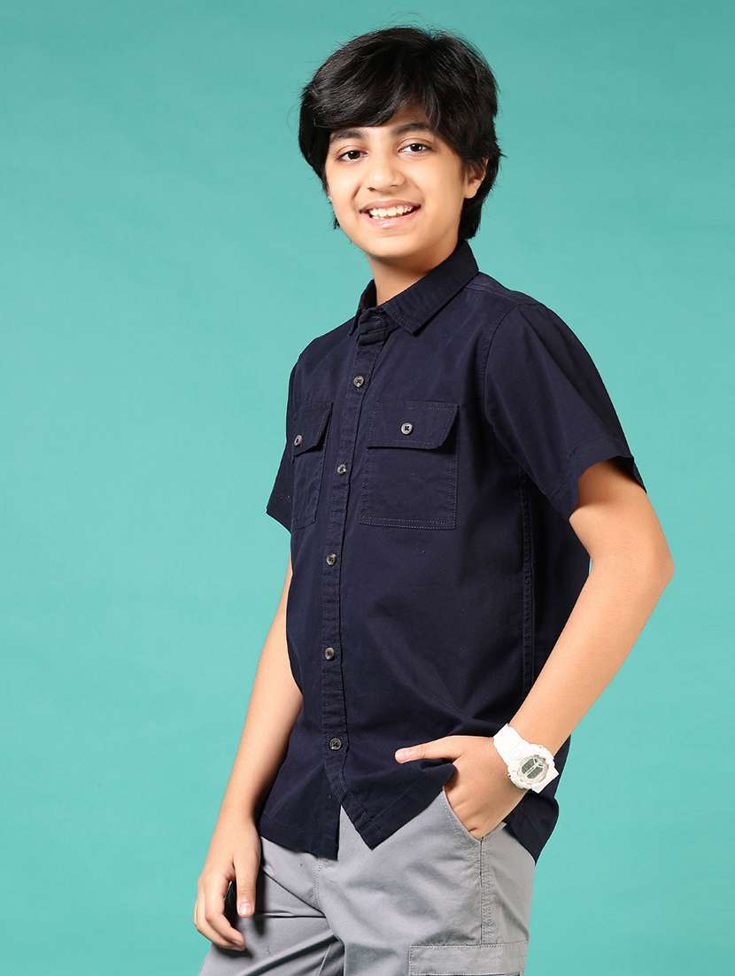 boys navy blue solid collared short sleeve shirt - 21715493 -  Standard Image - 2
