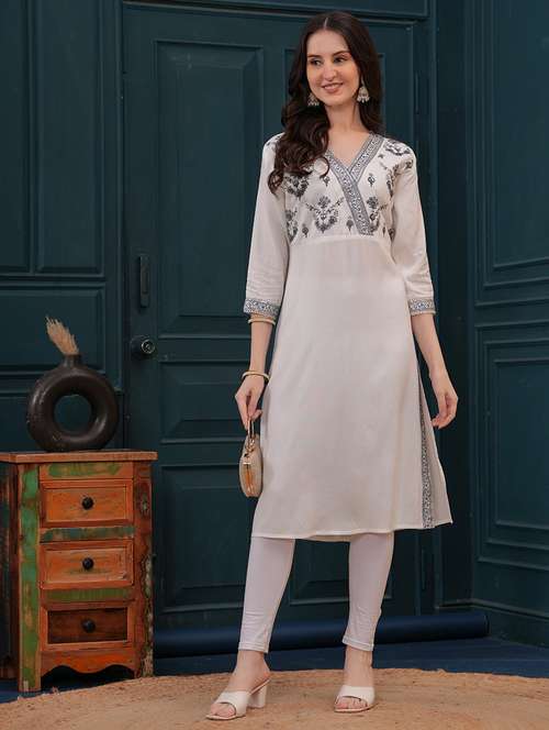 women white embroidered v neck a-line kurta - 21715670 -  Standard Image - 0