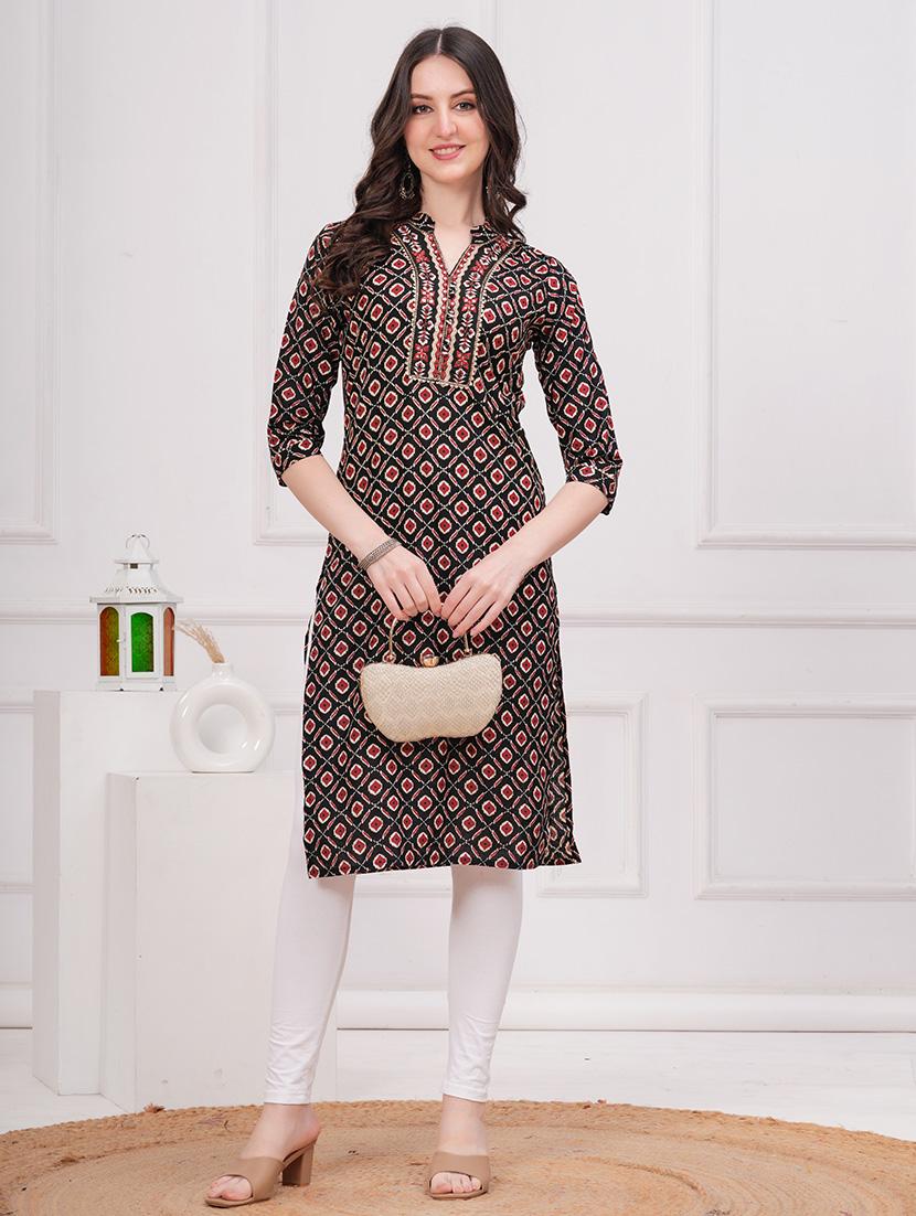 women printed three quarter sleeve straight kurta - 21715672 -  Zoom Image - 0