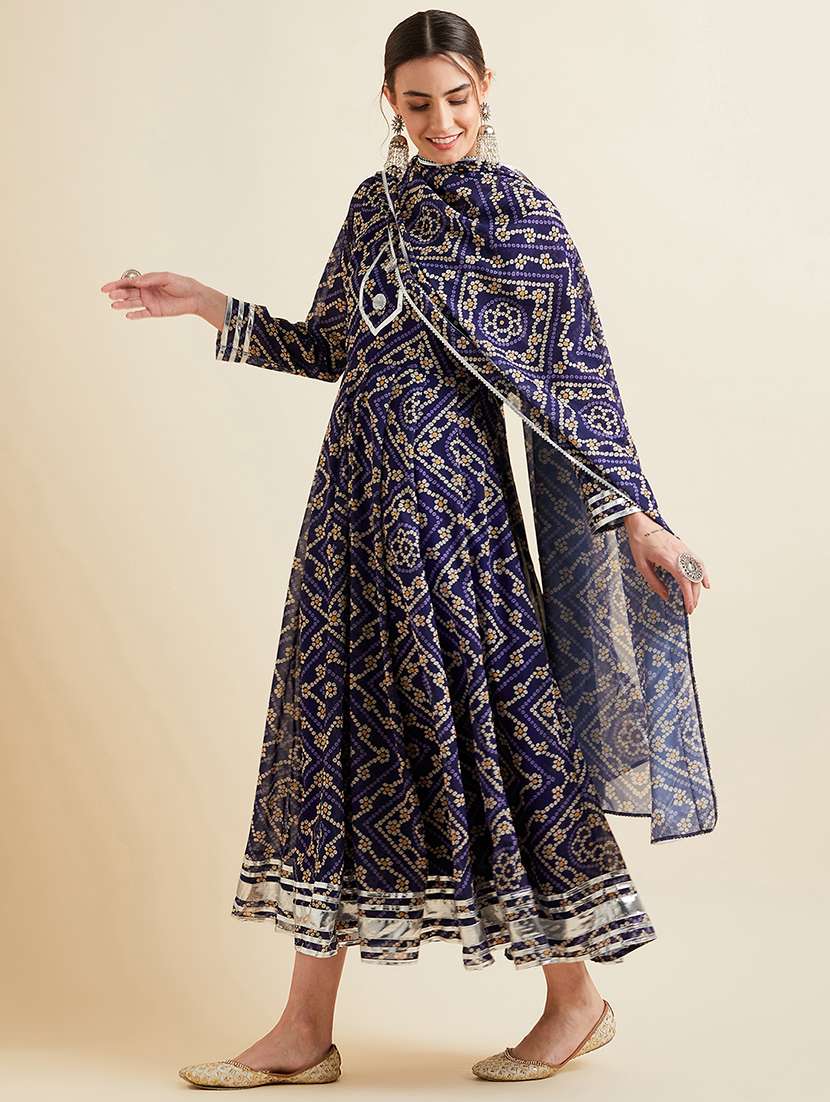 Women Navy Blue Printed Round Neck Kurta Dupatta Set