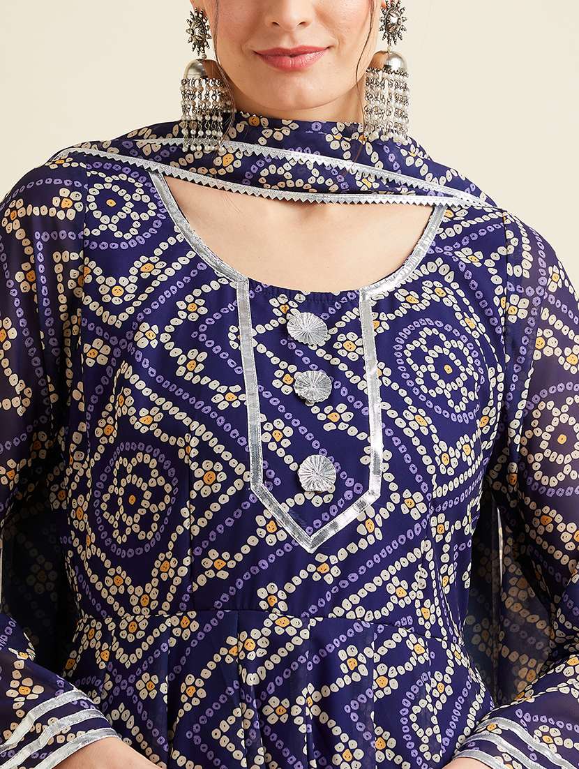 Women Navy Blue Printed Round Neck Kurta Dupatta Set