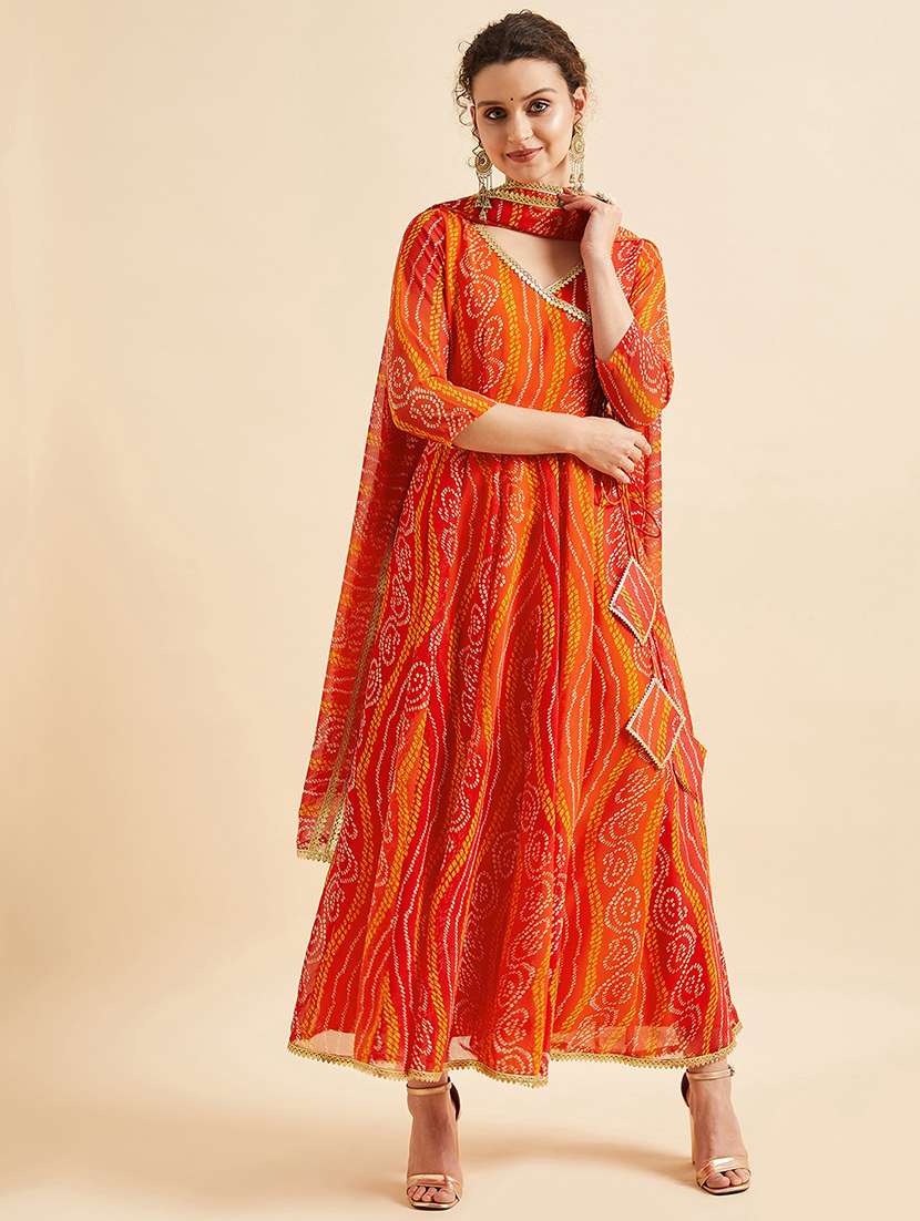 women green bandhani printed kurta dupatta set