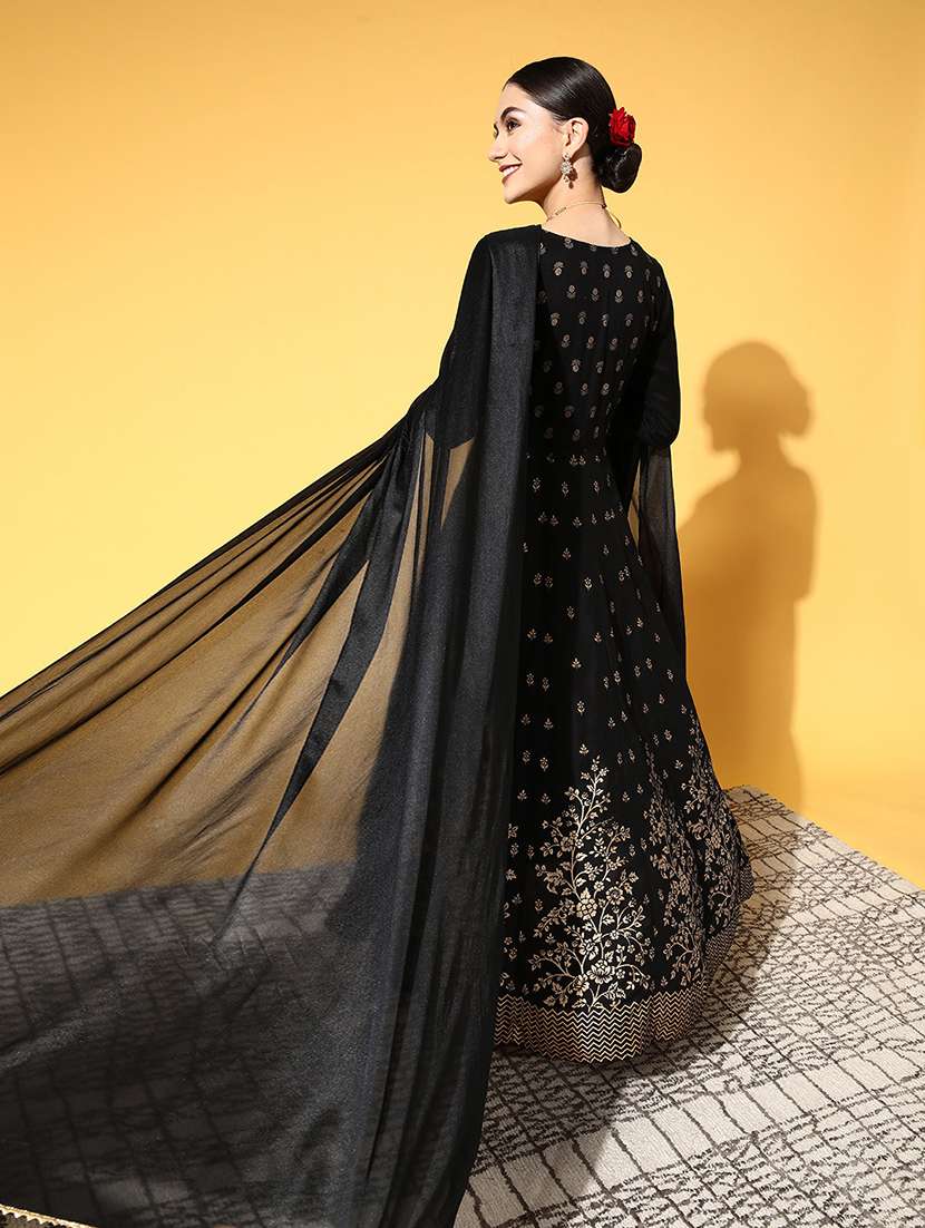 women black foil printed kurta dupatta set - 21715841 - Standard Image - 2