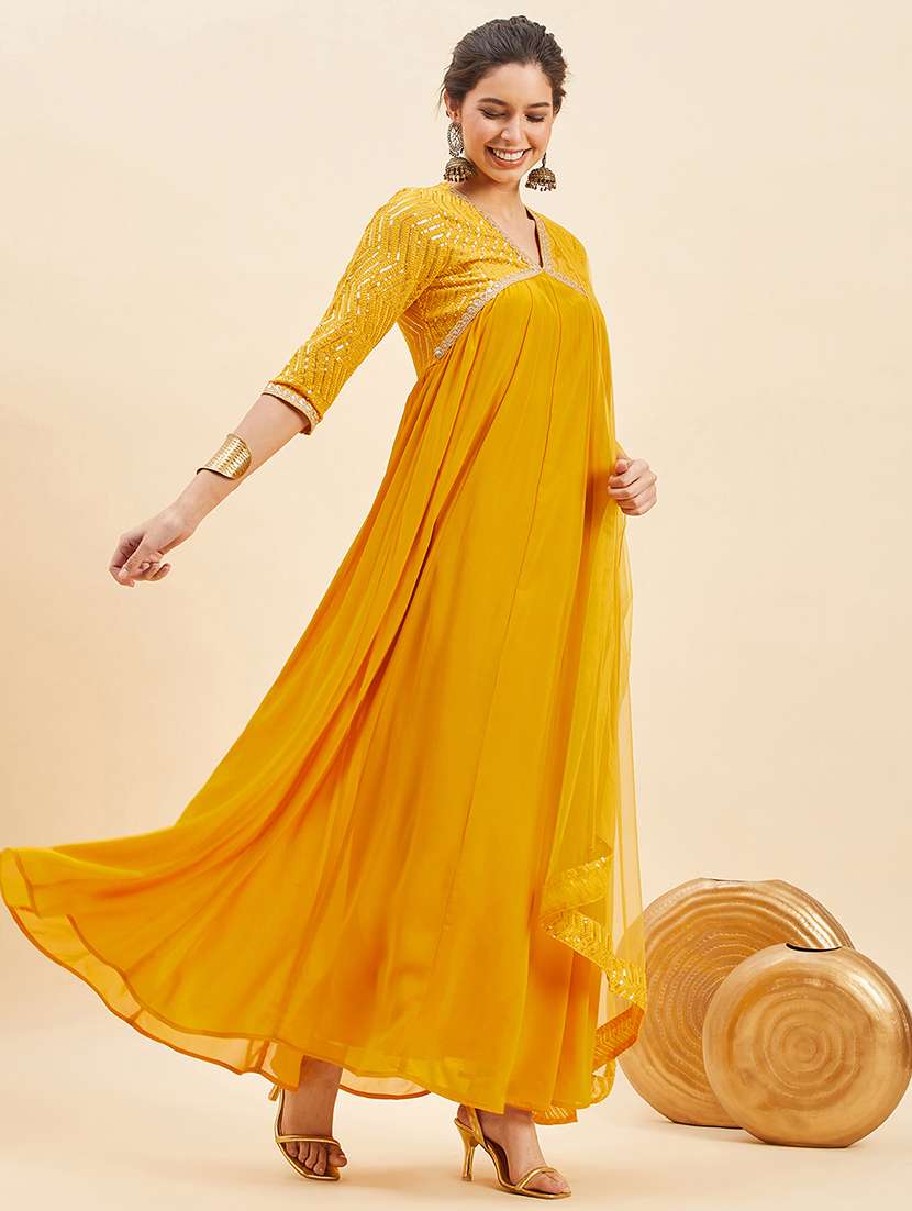women mustard sequin work kurta dupatta set - 21715851 - Standard Image - 2