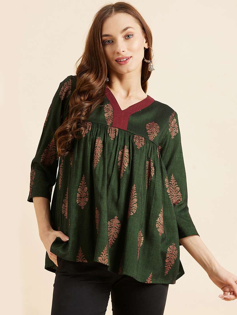 women green printed printed v neck a-line kurti