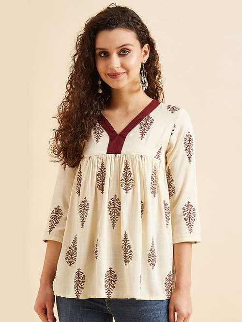 women off white printed v neck a-line kurti - 21715861 - Standard Image - 0