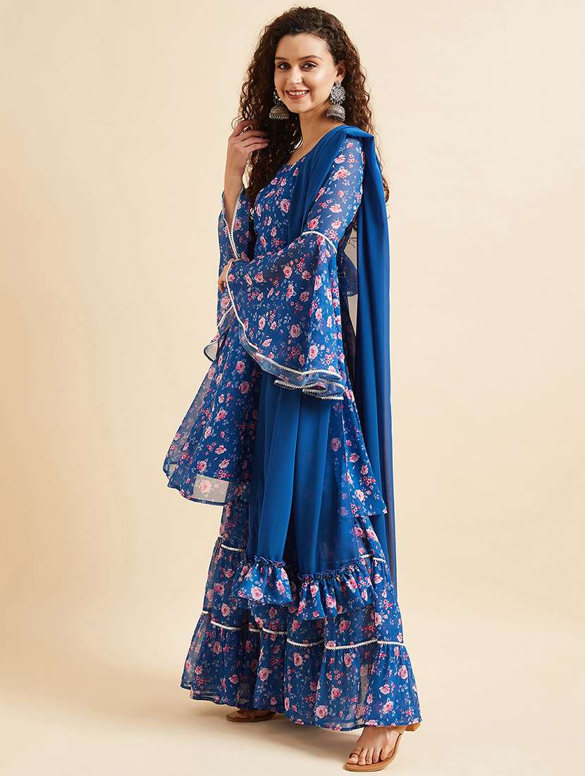 women blue floral bell sleeve kurta sharara with dupatta set - 21715956 -  Standard Image - 2