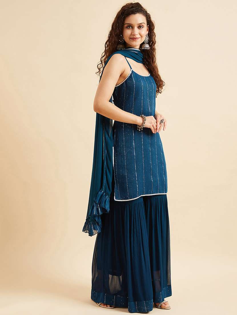 women teal sleeveless kurta sharara with dupatta set  - 21715966 -  Standard Image - 2