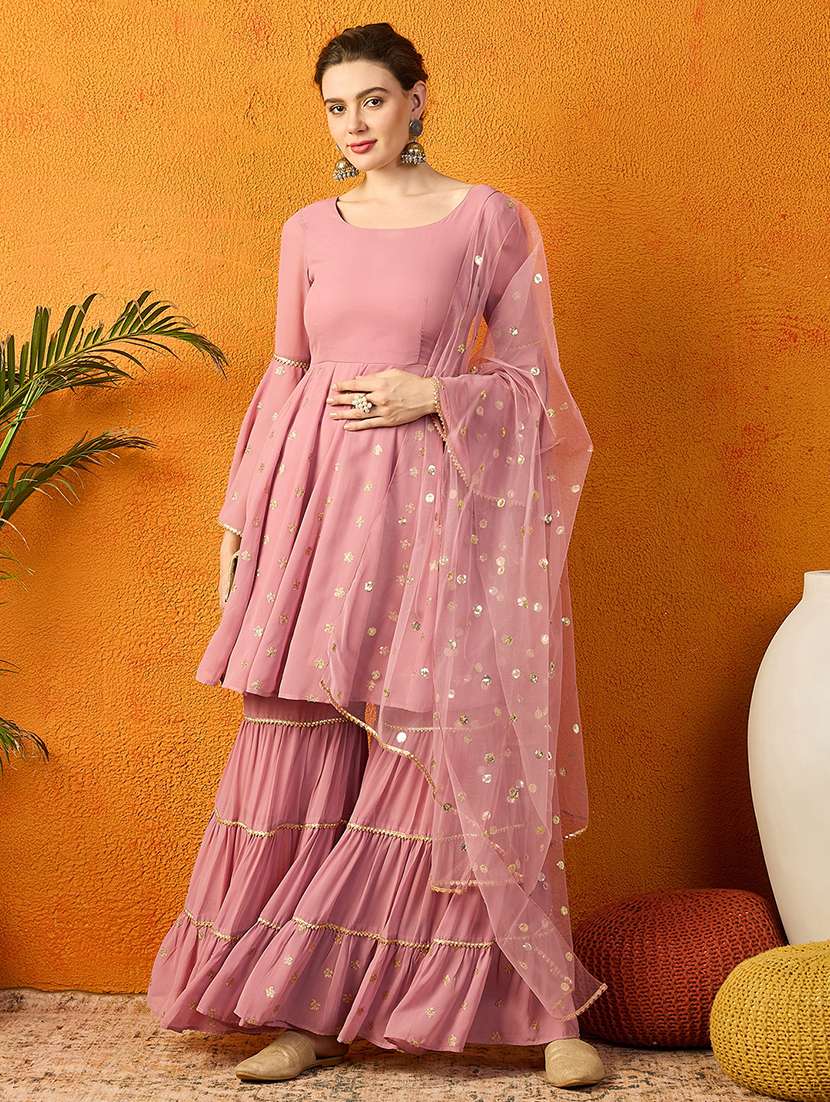 women pink bell sleeve kurta sharara with dupatta set 
