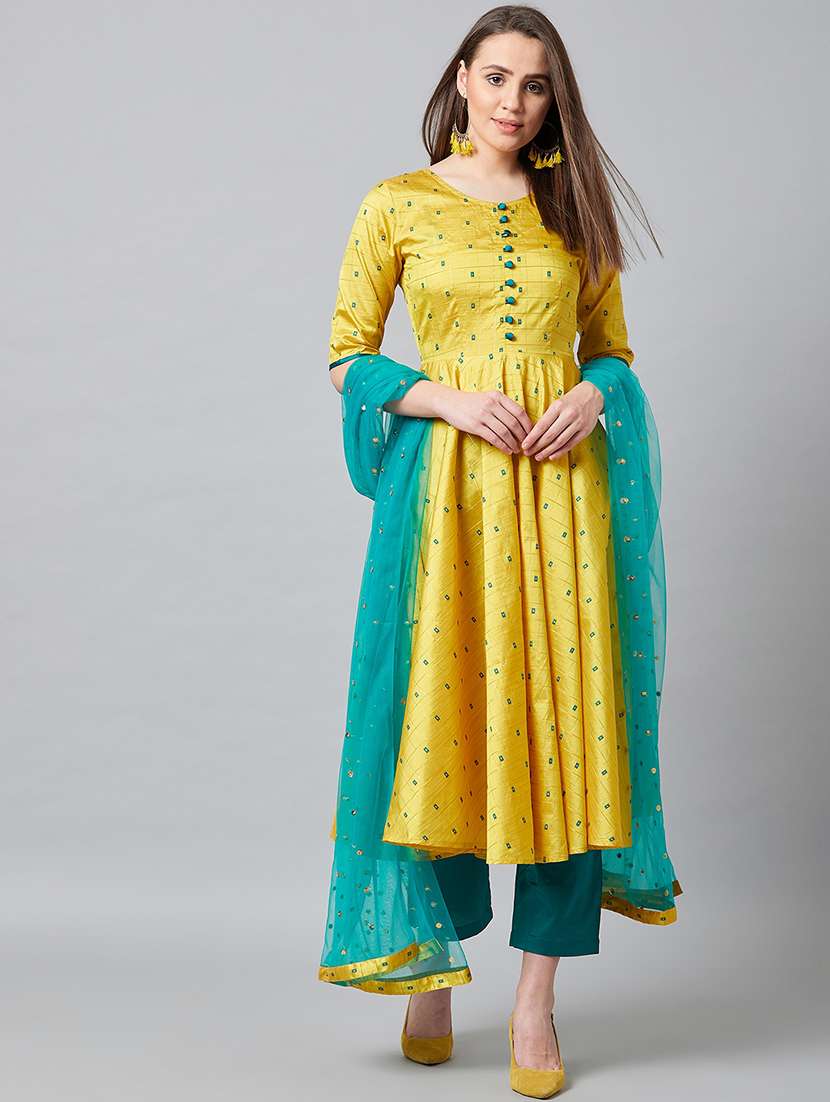 women yellow elbow sleeve kurta pant with dupatta set 