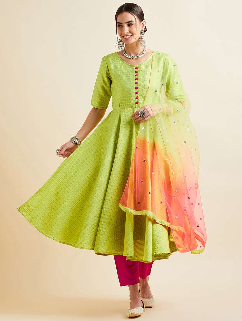 women three quarter sleeve kurta pant with dupatta set 