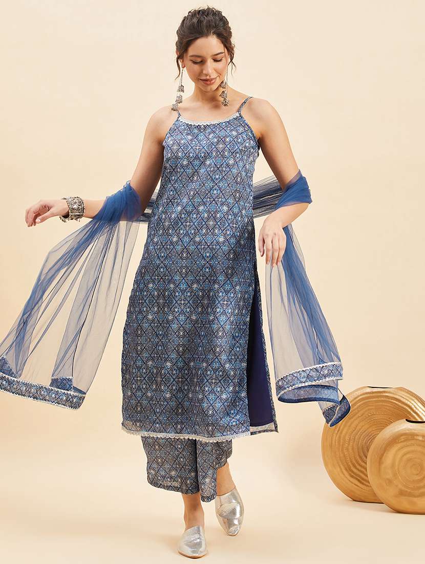 women navy blue printed kurta palazzo with dupatta set 