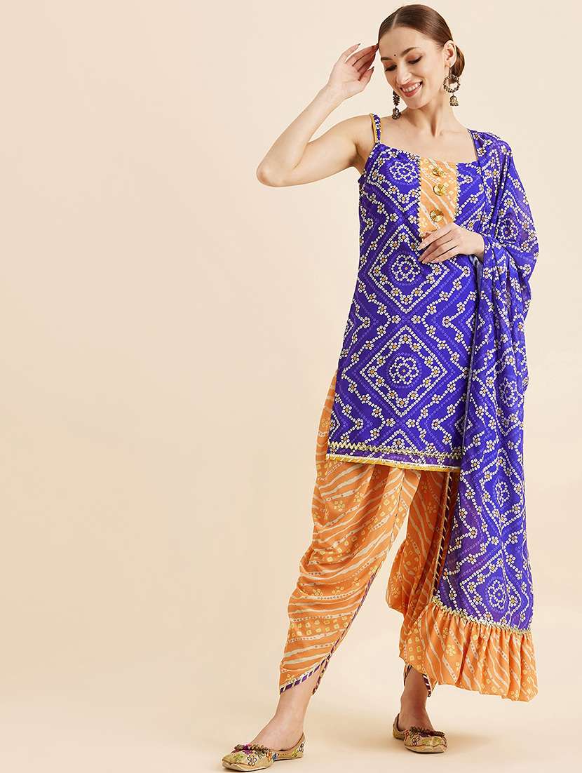 women blue bandhani printed dhoti kurta with dupatta set