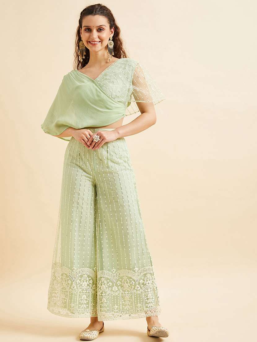 women embroidered layerd top & palazzo set
