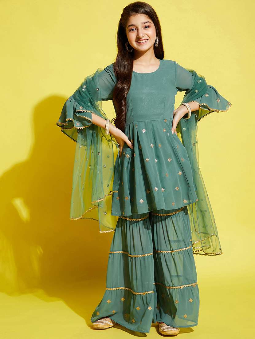 girls embroidered kurta sharara suit set