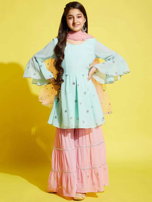 girls embroidered kurta sharara suit set - 21716065 - Standard Image - 0