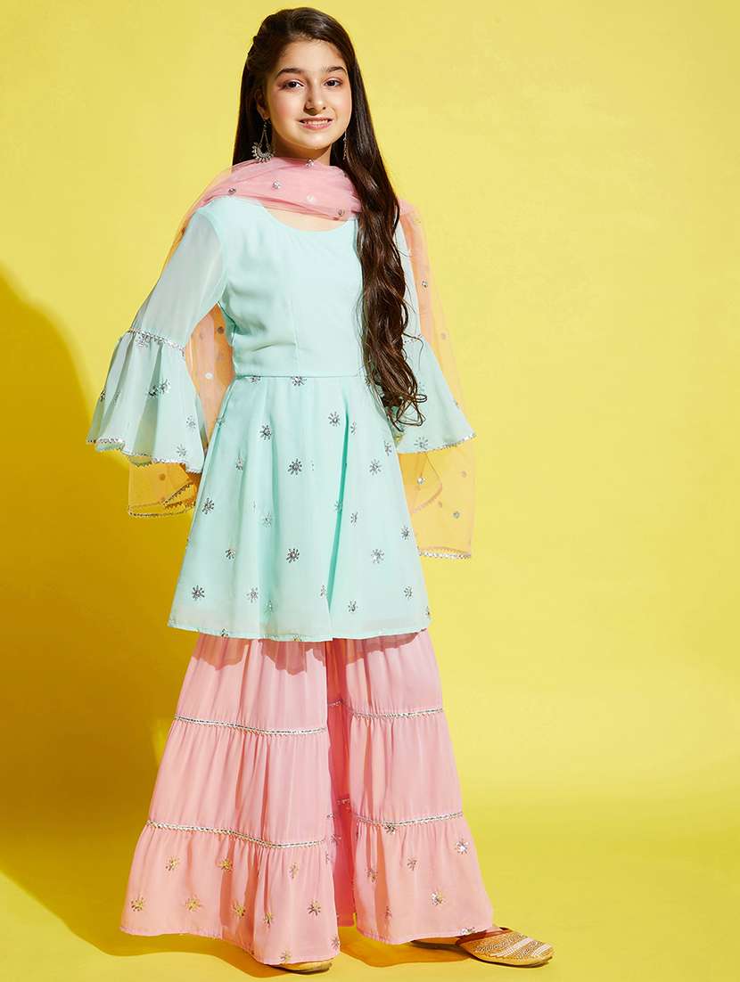girls embroidered kurta sharara suit set - 21716065 - Standard Image - 2