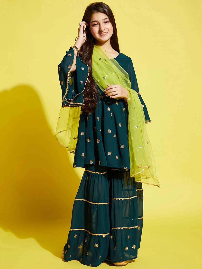 girls embroidered kurta sharara suit set