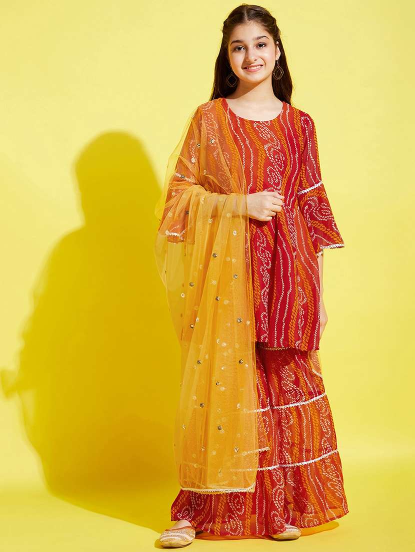 girls bandhani print kurta sharara suit set