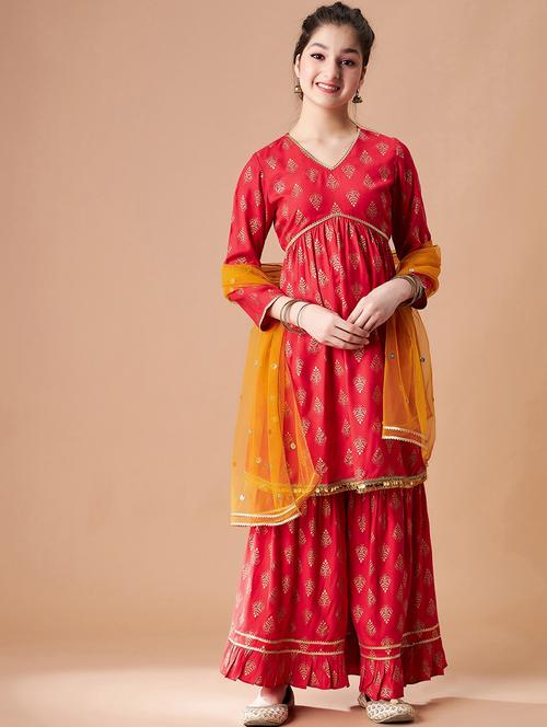 girls printed kurta sharara suit set - 21716124 - Standard Image - 0