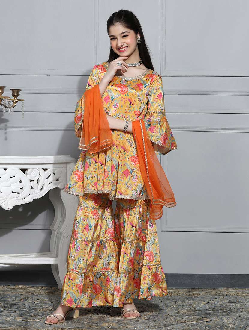 girls floral printed kurta sharara set with dupatta