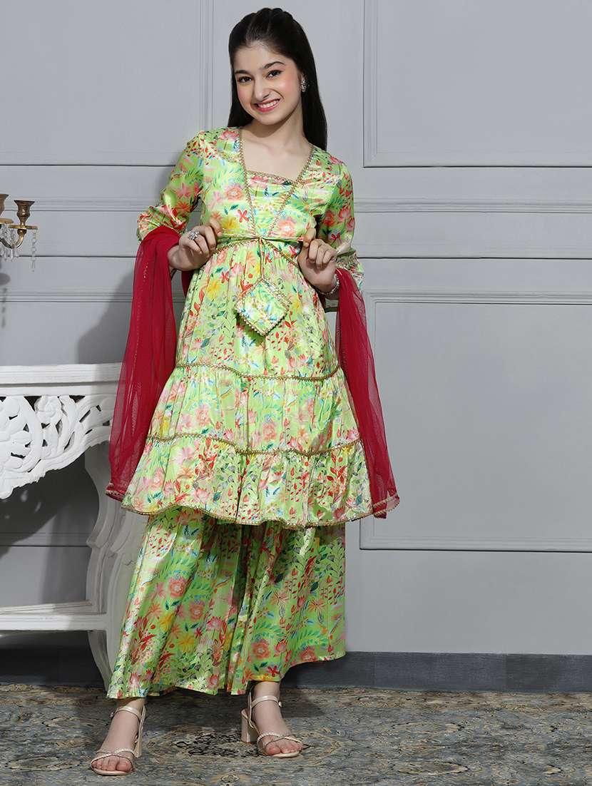 girls floral printed kurta sharara set with dupatta