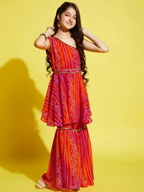 girls bandhani printed kurta sharara set - 21716153 - Standard Image - 0
