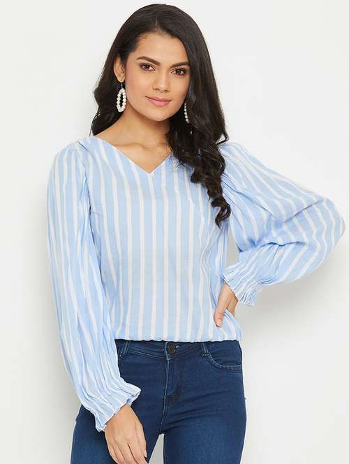 women striped puff sleeves regular top - 21716160 -  Standard Image - 0