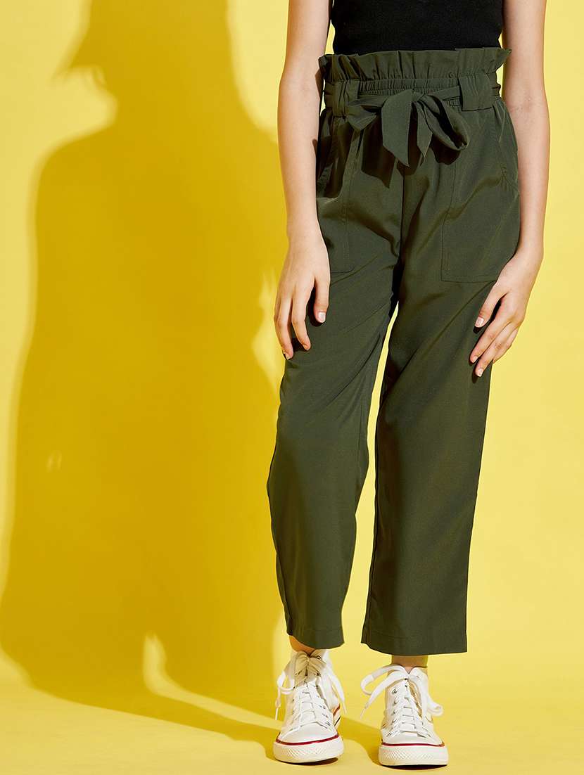 girls olive solid staright trouser