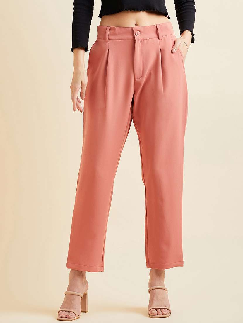 women solid high rise straight pants - 21716182 -  Zoom Image - 0